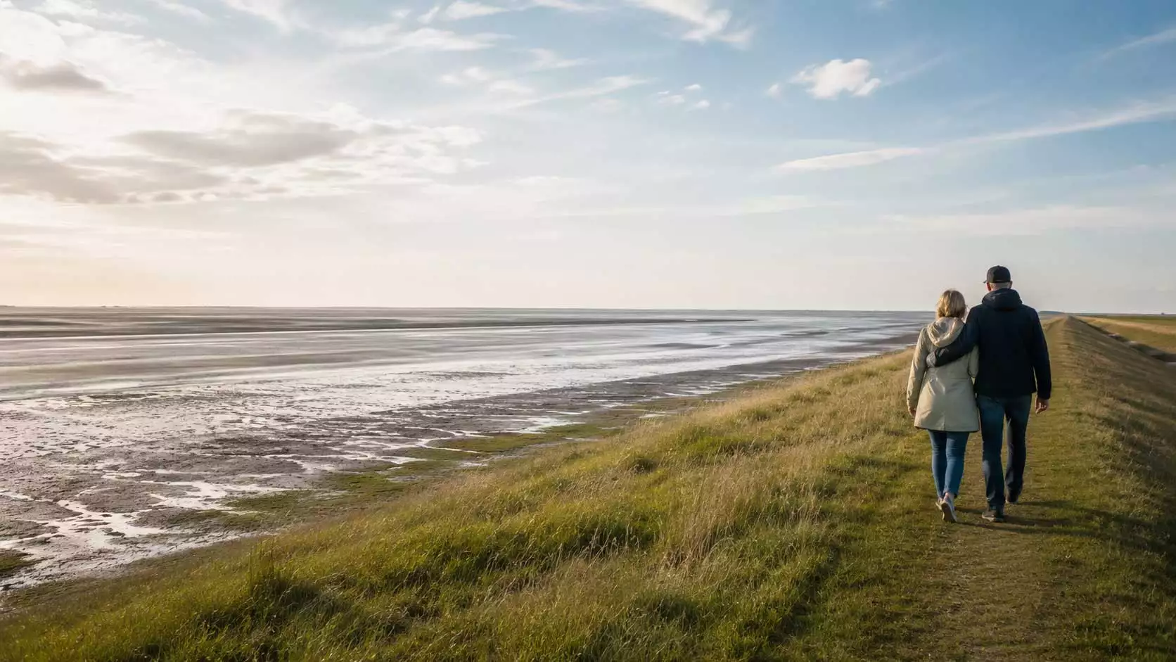 Paar beim Spaziergang auf dem Deich mit Blick über das Wattenmeer auf Nordstrand